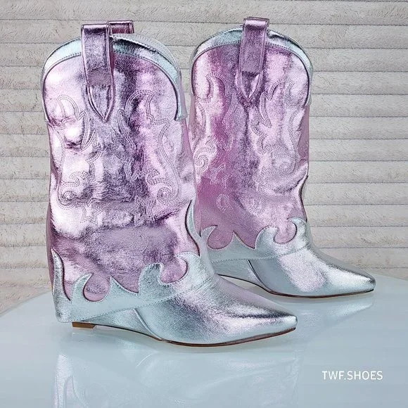 Show Off By Azalea Wang Silver Metallic Fold Over Western Wedge Ankle Boots - Picture 3 of 10